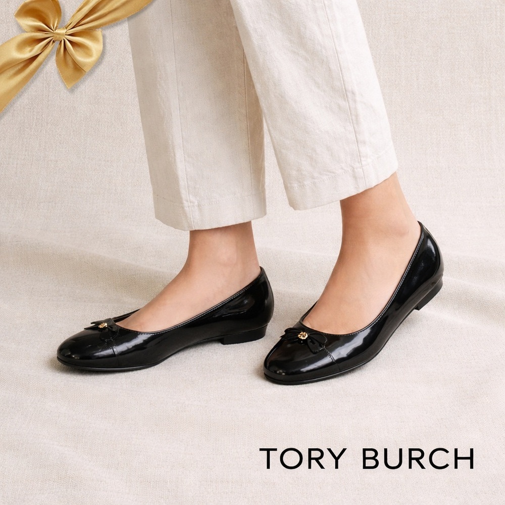 Tory Burch Glossy Black Flats with Bow Detail 9M